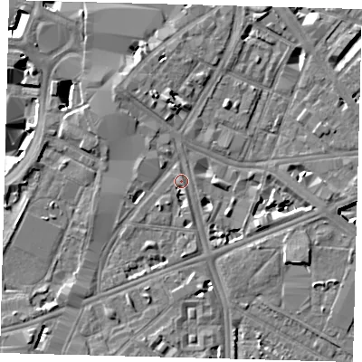 Shaded relief map of the ground around SE17BN, computed from Environment Agency LiDAR. The ground here sits at about 4 m above sea level and falls 7 m across the surrounding 800 m. Surface water reaching this point runs off ground lying to the north-west, 3.4 m higher.
