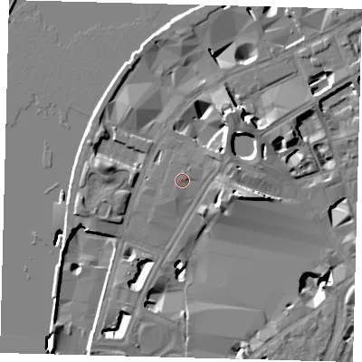 Shaded relief map of the ground around SE17BQ, computed from Environment Agency LiDAR. The ground here sits at about 4 m above sea level and falls 13 m across the surrounding 800 m. Surface water reaching this point runs off ground lying to the east-north-east, 1.5 m higher.