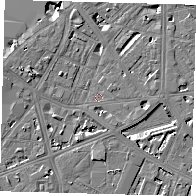 Shaded relief map of the ground around SE17BS, computed from Environment Agency LiDAR. The ground here sits at about 3 m above sea level and falls 9 m across the surrounding 800 m. Surface water reaching this point runs off ground lying to the west-north-west, 4.9 m higher.