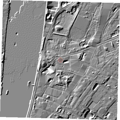 Shaded relief map of the ground around SE17BT, computed from Environment Agency LiDAR. The ground here sits at about 5 m above sea level and falls 8 m across the surrounding 800 m. Surface water reaching this point runs off ground lying to the south-east, 3.8 m higher.