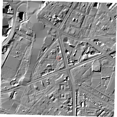Shaded relief map of the ground around SE17BU, computed from Environment Agency LiDAR. The ground here sits at about 3 m above sea level and falls 7 m across the surrounding 800 m. Surface water reaching this point runs off ground lying to the north-north-west, 3.9 m higher.