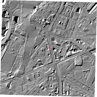 Shaded relief map of the ground around SE17BW, computed from Environment Agency LiDAR. The ground here sits at about 3 m above sea level and falls 7 m across the surrounding 800 m. Surface water reaching this point runs off ground lying to the north-north-west, 3.9 m higher.