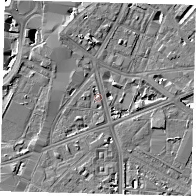 Shaded relief map of the ground around SE17BX, computed from Environment Agency LiDAR. The ground here sits at about 4 m above sea level and falls 7 m across the surrounding 800 m. Surface water reaching this point runs off ground lying to the north-north-west, 3.9 m higher.