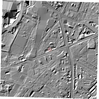 Shaded relief map of the ground around SE17DF, computed from Environment Agency LiDAR. The ground here sits at about 3 m above sea level and falls 7 m across the surrounding 800 m. Surface water reaching this point runs off ground lying to the west-south-west, 4.1 m higher.