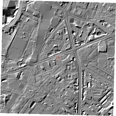 Shaded relief map of the ground around SE17DG, computed from Environment Agency LiDAR. The ground here sits at about 4 m above sea level and falls 7 m across the surrounding 800 m. Surface water reaching this point runs off ground lying to the west-south-west, 4.1 m higher.
