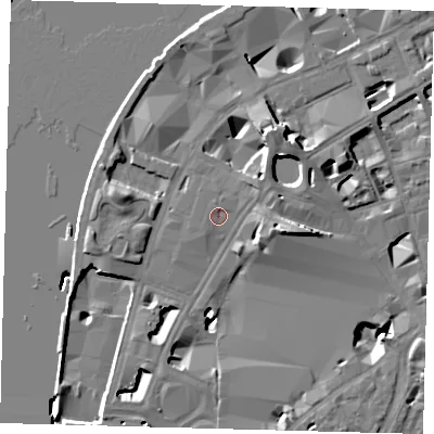 Shaded relief map of the ground around SE17DH, computed from Environment Agency LiDAR. The ground here sits at about 4 m above sea level and falls 13 m across the surrounding 800 m. Surface water reaching this point runs off ground lying to the north-east, 1.5 m higher.