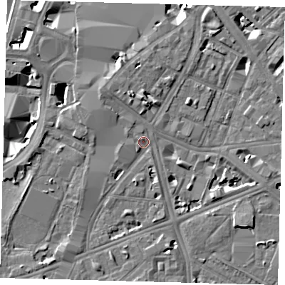 Shaded relief map of the ground around SE17DP, computed from Environment Agency LiDAR. The ground here sits at about 4 m above sea level and falls 9 m across the surrounding 800 m. Surface water reaching this point runs off ground lying to the north-west, 3.4 m higher.