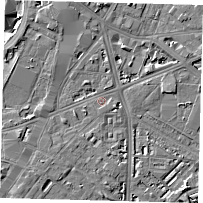 Shaded relief map of the ground around SE17DQ, computed from Environment Agency LiDAR. The ground here sits at about 4 m above sea level and falls 7 m across the surrounding 800 m. Surface water reaching this point runs off ground lying to the south-south-east, 0.9 m higher.