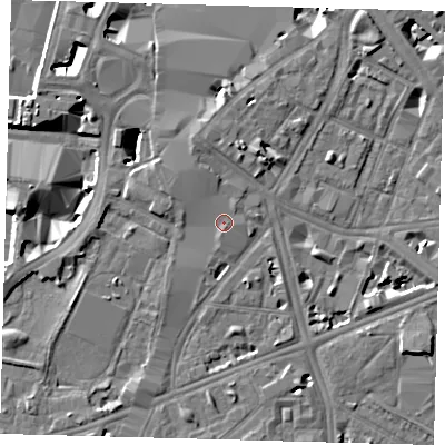 Shaded relief map of the ground around SE17DR, computed from Environment Agency LiDAR. The ground here sits at about 4 m above sea level and falls 9 m across the surrounding 800 m. Surface water reaching this point runs off ground lying to the north-north-west, 1.5 m higher.