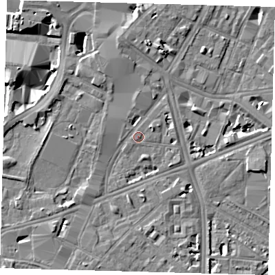 Shaded relief map of the ground around SE17DZ, computed from Environment Agency LiDAR. The ground here sits at about 4 m above sea level and falls 8 m across the surrounding 800 m. Surface water reaching this point runs off ground lying to the east, 0.6 m higher.