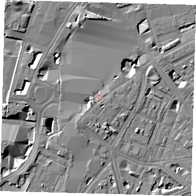 Shaded relief map of the ground around SE17EB, computed from Environment Agency LiDAR. The ground here sits at about 4 m above sea level and falls 12 m across the surrounding 800 m. Surface water reaching this point runs off ground lying to the south-west, 2.3 m higher.