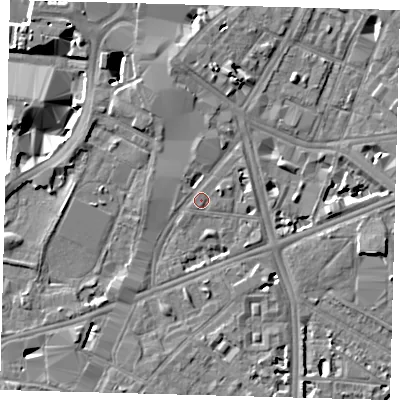 Shaded relief map of the ground around SE17ED, computed from Environment Agency LiDAR. The ground here sits at about 4 m above sea level and falls 8 m across the surrounding 800 m. Surface water reaching this point runs off ground lying to the south, 0.6 m higher.