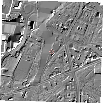 Shaded relief map of the ground around SE17EG, computed from Environment Agency LiDAR. The ground here sits at about 4 m above sea level and falls 8 m across the surrounding 800 m. Surface water reaching this point runs off ground lying to the south-west, 1.8 m higher.