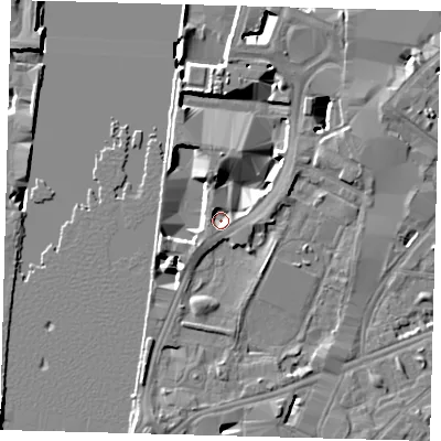 Shaded relief map of the ground around SE17EH, computed from Environment Agency LiDAR. The ground here sits at about 2 m above sea level and falls 11 m across the surrounding 800 m. Surface water reaching this point runs off ground lying to the east-north-east, 1.1 m higher.