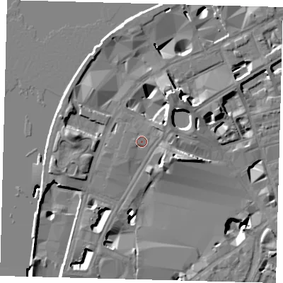 Shaded relief map of the ground around SE17EN, computed from Environment Agency LiDAR. The ground here sits at about 4 m above sea level and falls 13 m across the surrounding 800 m. Surface water reaching this point runs off ground lying to the east-north-east, 1.5 m higher.