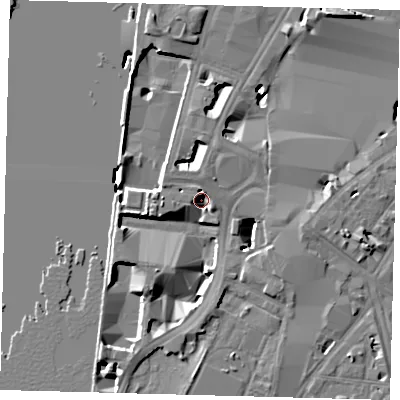 Shaded relief map of the ground around SE17EP, computed from Environment Agency LiDAR. The ground here sits at about 4 m above sea level and falls 12 m across the surrounding 800 m. Surface water reaching this point runs off ground lying to the west-north-west, 3.6 m higher.