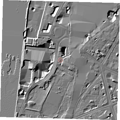 Shaded relief map of the ground around SE17EQ, computed from Environment Agency LiDAR. The ground here sits at about 4 m above sea level and falls 9 m across the surrounding 800 m. Surface water reaching this point runs off ground lying to the west-north-west, 7.6 m higher.