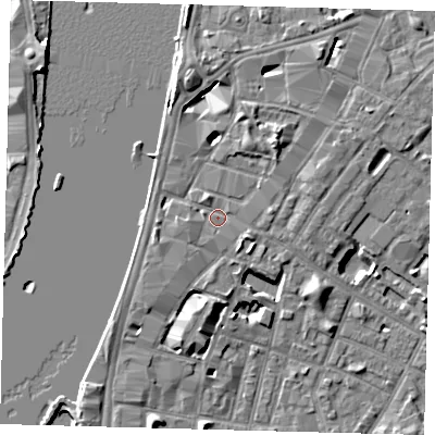 Shaded relief map of the ground around SE17ES, computed from Environment Agency LiDAR. The ground here sits at about 4 m above sea level and falls 7 m across the surrounding 800 m. Surface water reaching this point runs off ground lying to the west-south-west, 1.2 m higher.