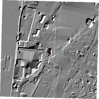 Shaded relief map of the ground around SE17EU, computed from Environment Agency LiDAR. The ground here sits at about 2 m above sea level and falls 9 m across the surrounding 800 m. Surface water reaching this point runs off ground lying to the west, 7.6 m higher.