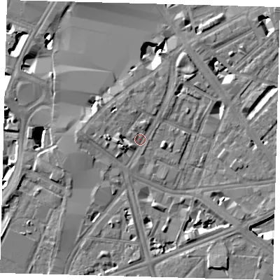 Shaded relief map of the ground around SE17FN, computed from Environment Agency LiDAR. The ground here sits at about 4 m above sea level and falls 9 m across the surrounding 800 m. Surface water reaching this point runs off ground lying to the west, 2.9 m higher.