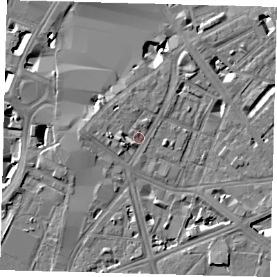 Shaded relief map of the ground around SE17FP, computed from Environment Agency LiDAR. The ground here sits at about 4 m above sea level and falls 9 m across the surrounding 800 m. Surface water reaching this point runs off ground lying to the west, 2.9 m higher.
