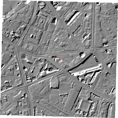 Shaded relief map of the ground around SE17FQ, computed from Environment Agency LiDAR. The ground here sits at about 4 m above sea level and falls 7 m across the surrounding 800 m. Surface water reaching this point runs off ground lying to the south-east, 3.0 m higher.