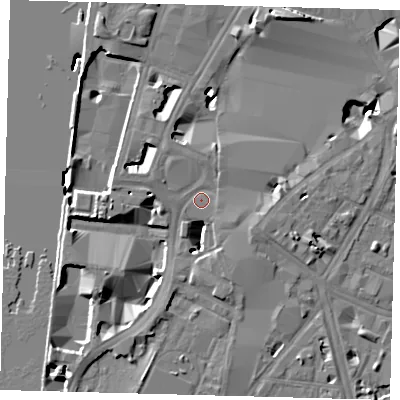 Shaded relief map of the ground around SE17FT, computed from Environment Agency LiDAR. The ground here sits at about 4 m above sea level and falls 12 m across the surrounding 800 m. Surface water reaching this point runs off ground lying to the east, 3.9 m higher.