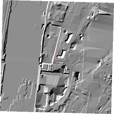 Shaded relief map of the ground around SE17GA, computed from Environment Agency LiDAR. The ground here sits at about 4 m above sea level and falls 12 m across the surrounding 800 m. Surface water reaching this point runs off ground lying to the south-south-west, 4.8 m higher.