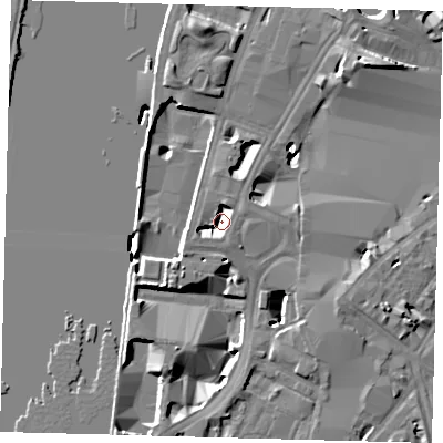 Shaded relief map of the ground around SE17GB, computed from Environment Agency LiDAR. The ground here sits at about 2 m above sea level and falls 12 m across the surrounding 800 m. Surface water reaching this point runs off ground lying to the west-south-west, 5.0 m higher.