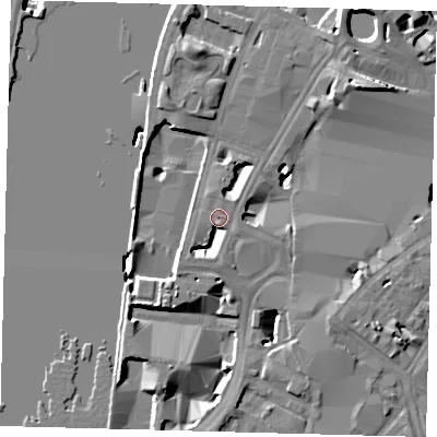 Shaded relief map of the ground around SE17GD, computed from Environment Agency LiDAR. The ground here sits at about 4 m above sea level and falls 13 m across the surrounding 800 m. Surface water reaching this point runs off ground lying to the south-west, 5.2 m higher.