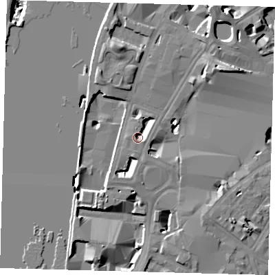 Shaded relief map of the ground around SE17GF, computed from Environment Agency LiDAR. The ground here sits at about 2 m above sea level and falls 20 m across the surrounding 800 m. Surface water reaching this point runs off ground lying to the south-south-west, 3.7 m higher.