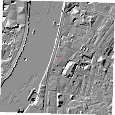Shaded relief map of the ground around SE17GG, computed from Environment Agency LiDAR. The ground here sits at about 5 m above sea level and falls 50 m across the surrounding 800 m. Surface water reaching this point runs off ground lying to the north, 1.0 m higher.