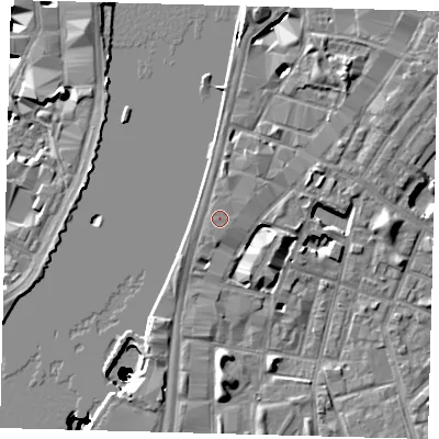 Shaded relief map of the ground around SE17GJ, computed from Environment Agency LiDAR. The ground here sits at about 5 m above sea level and falls 50 m across the surrounding 800 m. Surface water reaching this point runs off ground lying to the north, 1.0 m higher.