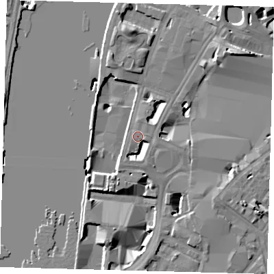 Shaded relief map of the ground around SE17GL, computed from Environment Agency LiDAR. The ground here sits at about 4 m above sea level and falls 13 m across the surrounding 800 m. Surface water reaching this point runs off ground lying to the south-south-west, 5.0 m higher.