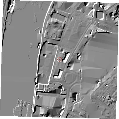 Shaded relief map of the ground around SE17GN, computed from Environment Agency LiDAR. The ground here sits at about 4 m above sea level and falls 20 m across the surrounding 800 m. Surface water reaching this point runs off ground lying to the north-east, 1.2 m higher.