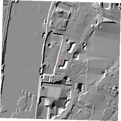 Shaded relief map of the ground around SE17GP, computed from Environment Agency LiDAR. The ground here sits at about 5 m above sea level and falls 12 m across the surrounding 800 m. Surface water reaching this point runs off ground lying to the north, 7.9 m higher.