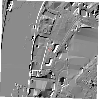 Shaded relief map of the ground around SE17GQ, computed from Environment Agency LiDAR. The ground here sits at about 4 m above sea level and falls 20 m across the surrounding 800 m. Surface water reaching this point runs off ground lying to the south-south-west, 2.7 m higher.