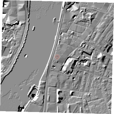 Shaded relief map of the ground around SE17GR, computed from Environment Agency LiDAR. The ground here sits at about 5 m above sea level and falls 50 m across the surrounding 800 m. Surface water reaching this point runs off ground lying to the north, 1.0 m higher.