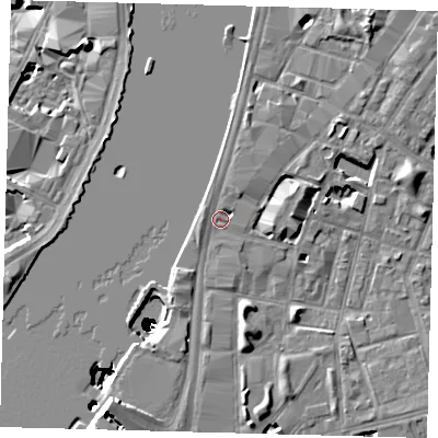 Shaded relief map of the ground around SE17GS, computed from Environment Agency LiDAR. The ground here sits at about 4 m above sea level and falls 50 m across the surrounding 800 m. Surface water reaching this point runs off ground lying to the south-south-west, 4.6 m higher.