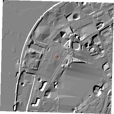 Shaded relief map of the ground around SE17GX, computed from Environment Agency LiDAR. The ground here sits at about 4 m above sea level and falls 13 m across the surrounding 800 m. Surface water reaching this point runs off ground lying to the east-north-east, 1.5 m higher.