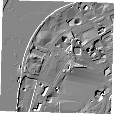 Shaded relief map of the ground around SE17GY, computed from Environment Agency LiDAR. The ground here sits at about 4 m above sea level and falls 13 m across the surrounding 800 m. The ground contributing surface water to this point lies to the east-south-east.