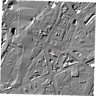 Shaded relief map of the ground around SE17HA, computed from Environment Agency LiDAR. The ground here sits at about 3 m above sea level and falls 8 m across the surrounding 800 m. Surface water reaching this point runs off ground lying to the north-north-west, 4.4 m higher.