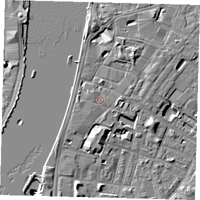 Shaded relief map of the ground around SE17HB, computed from Environment Agency LiDAR. The ground here sits at about 5 m above sea level and falls 50 m across the surrounding 800 m. Surface water reaching this point runs off ground lying to the east, 1.5 m higher.