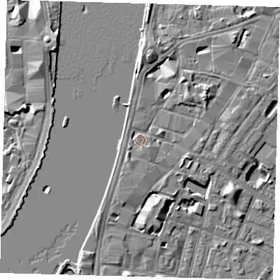 Shaded relief map of the ground around SE17HD, computed from Environment Agency LiDAR. The ground here sits at about 5 m above sea level and falls 7 m across the surrounding 800 m. Surface water reaching this point runs off ground lying to the south-south-west, 1.9 m higher.