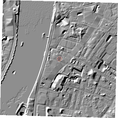 Shaded relief map of the ground around SE17HE, computed from Environment Agency LiDAR. The ground here sits at about 5 m above sea level and falls 50 m across the surrounding 800 m. Surface water reaching this point runs off ground lying to the east, 1.5 m higher.