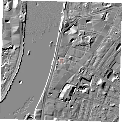 Shaded relief map of the ground around SE17HF, computed from Environment Agency LiDAR. The ground here sits at about 5 m above sea level and falls 7 m across the surrounding 800 m. Surface water reaching this point runs off ground lying to the south-south-west, 1.9 m higher.