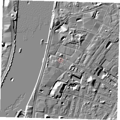 Shaded relief map of the ground around SE17HH, computed from Environment Agency LiDAR. The ground here sits at about 5 m above sea level and falls 7 m across the surrounding 800 m. Surface water reaching this point runs off ground lying to the west-south-west, 1.2 m higher.