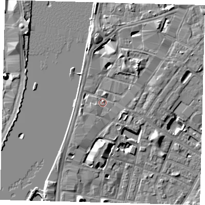 Shaded relief map of the ground around SE17HP, computed from Environment Agency LiDAR. The ground here sits at about 4 m above sea level and falls 7 m across the surrounding 800 m. Surface water reaching this point runs off ground lying to the west-south-west, 1.2 m higher.