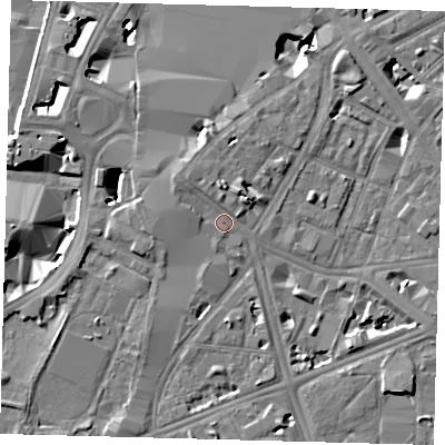Shaded relief map of the ground around SE17HR, computed from Environment Agency LiDAR. The ground here sits at about 4 m above sea level and falls 9 m across the surrounding 800 m. Surface water reaching this point runs off ground lying to the north-north-east, 2.4 m higher.