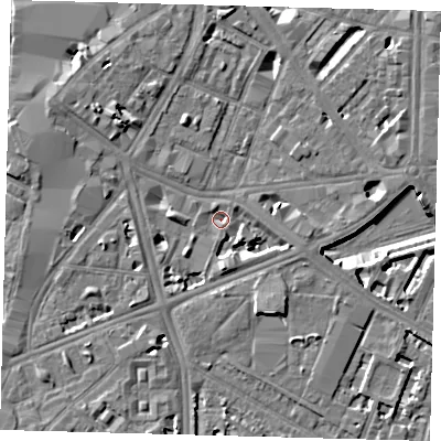 Shaded relief map of the ground around SE17HT, computed from Environment Agency LiDAR. The ground here sits at about 2 m above sea level and falls 7 m across the surrounding 800 m. Surface water reaching this point runs off ground lying to the north-west, 5.7 m higher.